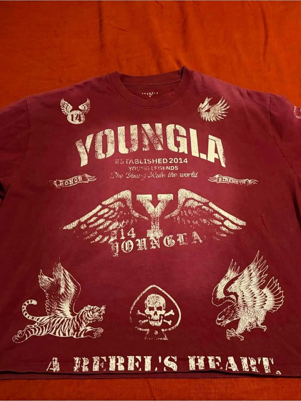 YoungLA Men's Graphic Crew Neck Shirt - Burgundy with White Prints